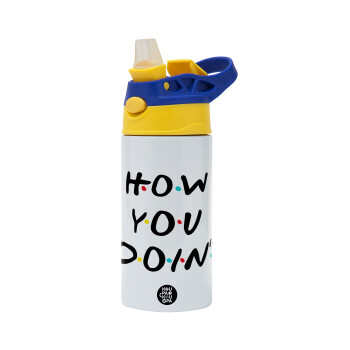 Friends How You Doin'?, Children's hot water bottle, stainless steel, with safety straw, green, blue (360ml) BPA FREE