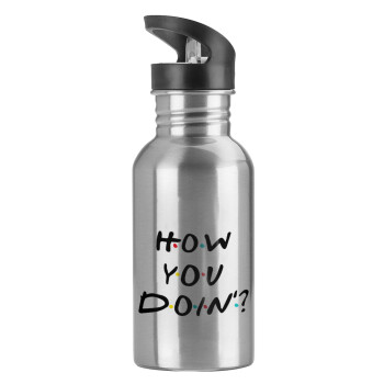 Friends How You Doin'?, Water bottle Silver with straw, stainless steel 600ml