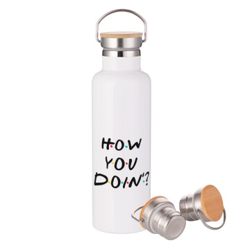 Friends How You Doin'?, Stainless steel White with wooden lid (bamboo), double wall, 750ml