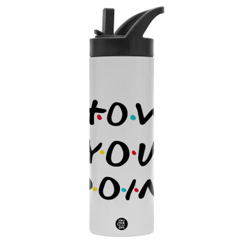 Friends How You Doin'?, Metallic thermos bottle with straw & handle, stainless steel (Stainless steel 304), double-walled, 600ml.