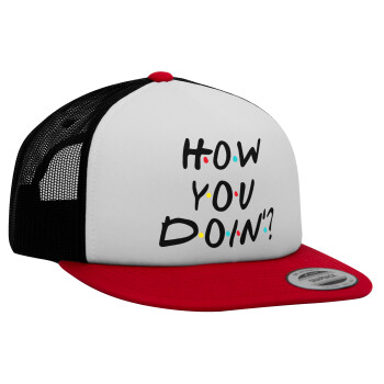 Friends How You Doin'?, Adult Foam Flat Snapback with Mesh Red-White-Black (POLYESTER, ADULT, UNISEX, ONE SIZE)