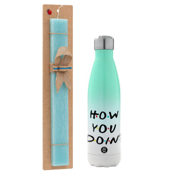 Friends How You Doin'?, Easter Set, Metallic green/white thermos (Stainless steel), double-walled, 500ml & scented flat Easter candle (30cm) (TURQUOISE)