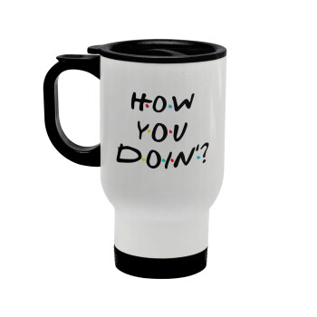 Friends How You Doin'?, Stainless steel travel mug with lid, double wall white 450ml