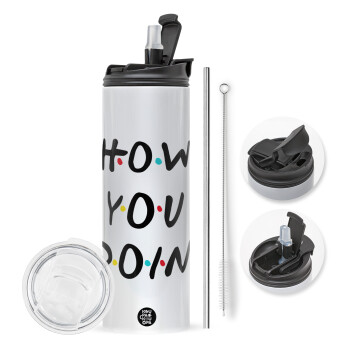 Friends How You Doin'?, Travel Tumbler θερμό με διπλό καπάκι, μεταλλικό καλαμάκι και βούρτσα καθαρισμού (Ανωξείδωτο 304 Food grade, BPA free, 600ml)