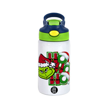 Grinch ho ho ho, Children's hot water bottle, stainless steel, with safety straw, green, blue (350ml)