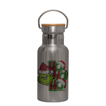 Grinch ho ho ho, Stainless steel metallic thermos flask, silver with a bamboo lid, double-walled, 350ml.