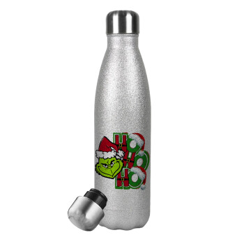 Grinch ho ho ho, Metallic Glitter Silver Thermos Flask (Stainless steel), double-walled, 500ml