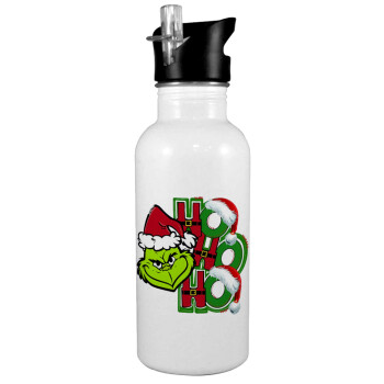 Grinch ho ho ho, White water bottle with straw, stainless steel 600ml
