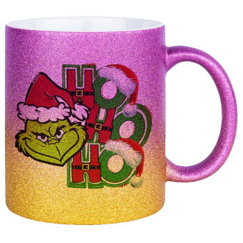 Grinch ho ho ho, Κούπα Χρυσή/Ροζ Glitter, κεραμική, 330ml