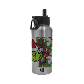 Grinch ho ho ho, Metal mug thermo Silver with Straw and Spout Lid (Stainless steel), double wall, 950ml