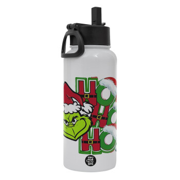 Grinch ho ho ho, Metal mug thermo White with Straw and Spout Lid (Stainless steel), double wall, 950ml