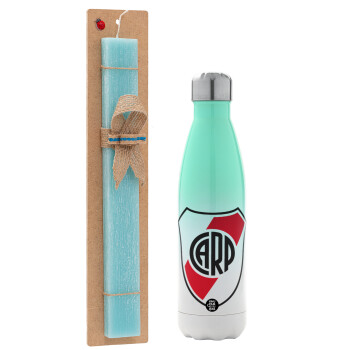 River Plate, Easter Set, Metallic green/white thermos (Stainless steel), double-walled, 500ml & scented flat Easter candle (30cm) (TURQUOISE)