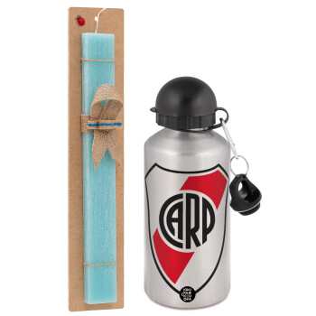 River Plate, Easter Set, metallic silver aluminum water bottle (500ml) & scented flat Easter candle (30cm) (TURQUOISE)