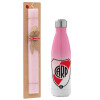 Easter Set, Metallic pink/white (Stainless steel) thermos, double-walled, 500ml & aromatic flat Easter candle (30cm) (PINK)