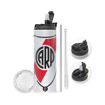 River Plate, Travel Tumbler θερμό με διπλό καπάκι, μεταλλικό καλαμάκι και βούρτσα καθαρισμού (Ανωξείδωτο 304 Food grade, BPA free, 600ml)