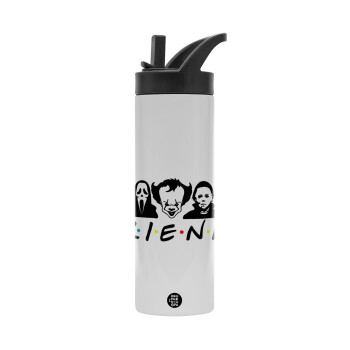 Halloween Friends, Metallic thermos bottle with straw & handle, stainless steel (Stainless steel 304), double-walled, 600ml.