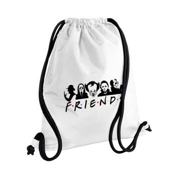 Halloween Friends, Τσάντα πλάτης πουγκί GYMBAG λευκή, με τσέπη (40x48cm) & χονδρά κορδόνια