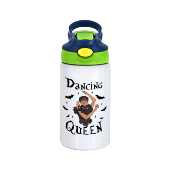 Wednesday Addams Dance, Children's hot water bottle, stainless steel, with safety straw, green, blue (350ml)