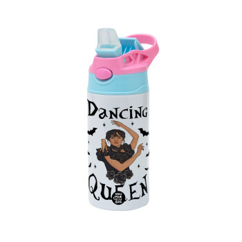 Wednesday Addams Dance, Children's hot water bottle, stainless steel, with safety straw, Pink/BlueCiel (360ml) BPA FREE