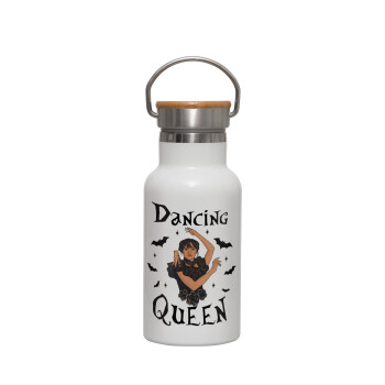 Wednesday Addams Dance, Metallic thermos (Stainless steel) White with wooden lid (bamboo), double-walled, 350ml