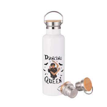 Wednesday Addams Dance, Stainless steel White with wooden lid (bamboo), double wall, 750ml