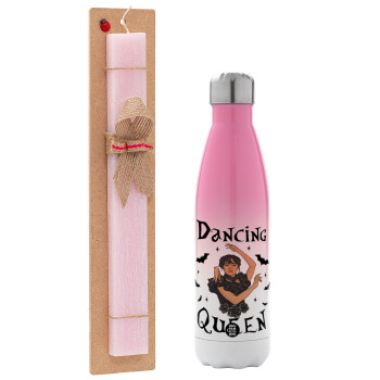 Wednesday Addams Dance, Easter Set, Metallic pink/white (Stainless steel) thermos, double-walled, 500ml & aromatic flat Easter candle (30cm) (PINK)