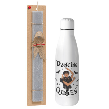 Wednesday Addams Dance, Easter Set, metallic Inox water bottle (700ml) & Easter scented flat candle (30cm) (GRAY)