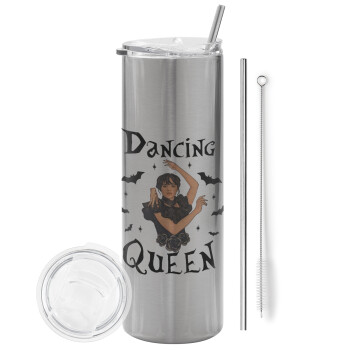 Wednesday Addams Dance, Tumbler stainless steel Silver 600ml, with metal straw & cleaning brush