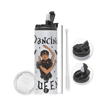 Wednesday Addams Dance, Travel Tumbler 2 Lids, with metal straw & cleaning brush (Stainless steel 304 Food grade, BPA free, 600ml)