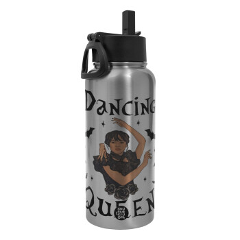 Wednesday Addams Dance, Metal mug thermo Silver with Straw and Spout Lid (Stainless steel), double wall, 950ml