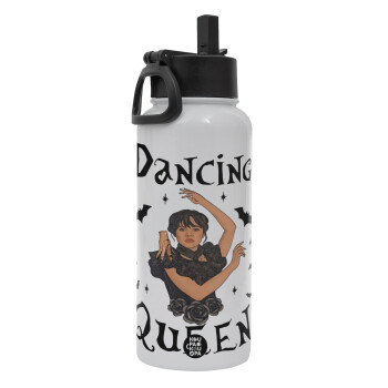 Wednesday Addams Dance, Metal mug thermo White with Straw and Spout Lid (Stainless steel), double wall, 950ml