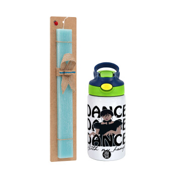 Wednesday dance dance dance, Easter Set, Children's thermal stainless steel bottle with safety straw, green/blue (350ml) & aromatic flat Easter candle (30cm) (TURQUOISE)