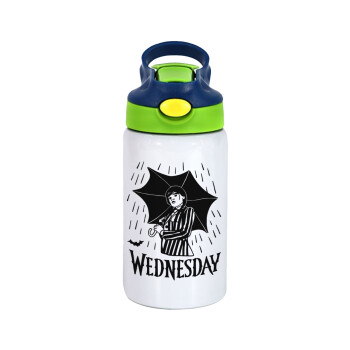 Wednesday Addams, Children's hot water bottle, stainless steel, with safety straw, green, blue (350ml)