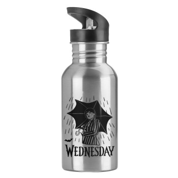 Wednesday Addams, Water bottle Silver with straw, stainless steel 600ml