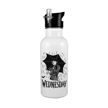Wednesday Addams, White water bottle with straw, stainless steel 600ml