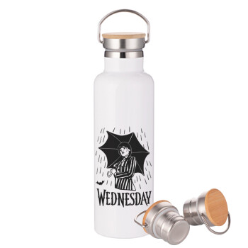 Wednesday Addams, Stainless steel White with wooden lid (bamboo), double wall, 750ml