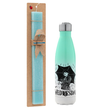 Wednesday Addams, Easter Set, Metallic green/white thermos (Stainless steel), double-walled, 500ml & scented flat Easter candle (30cm) (TURQUOISE)