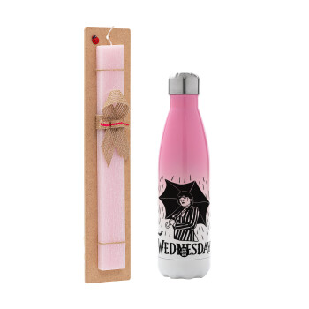 Wednesday Addams, Easter Set, Metallic pink/white (Stainless steel) thermos, double-walled, 500ml & aromatic flat Easter candle (30cm) (PINK)