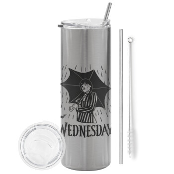 Wednesday Addams, Tumbler stainless steel Silver 600ml, with metal straw & cleaning brush