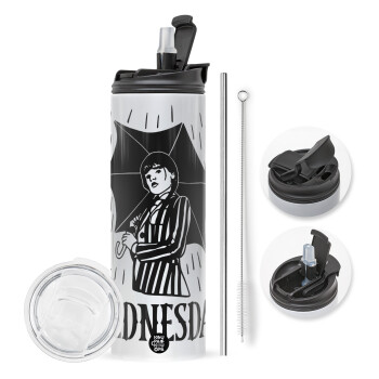 Wednesday Addams, Travel Tumbler θερμό με διπλό καπάκι, μεταλλικό καλαμάκι και βούρτσα καθαρισμού (Ανωξείδωτο 304 Food grade, BPA free, 600ml)