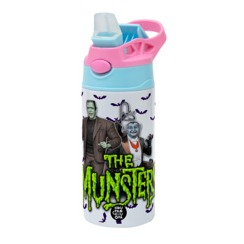 The munsters, Children's hot water bottle, stainless steel, with safety straw, Pink/BlueCiel (360ml) BPA FREE