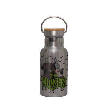 The munsters, Stainless steel metallic thermos flask, silver with a bamboo lid, double-walled, 350ml.