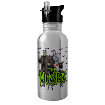 The munsters, Water bottle Silver with straw, stainless steel 600ml