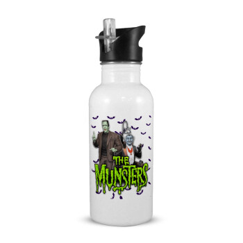 The munsters, White water bottle with straw, stainless steel 600ml