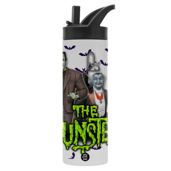 The munsters, Metallic thermos bottle with straw & handle, stainless steel (Stainless steel 304), double-walled, 600ml.