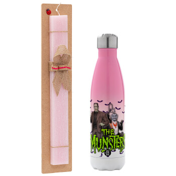 The munsters, Easter Set, Metallic pink/white (Stainless steel) thermos, double-walled, 500ml & aromatic flat Easter candle (30cm) (PINK)