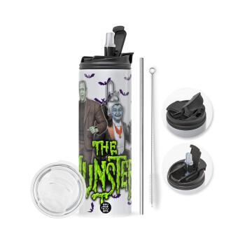 The munsters, Travel Tumbler 2 Lids, with metal straw & cleaning brush (Stainless steel 304 Food grade, BPA free, 600ml)