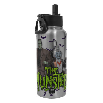 The munsters, Metal mug thermo Silver with Straw and Spout Lid (Stainless steel), double wall, 950ml