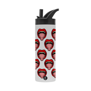 vampire lips, Metallic thermos bottle with straw & handle, stainless steel (Stainless steel 304), double-walled, 600ml.