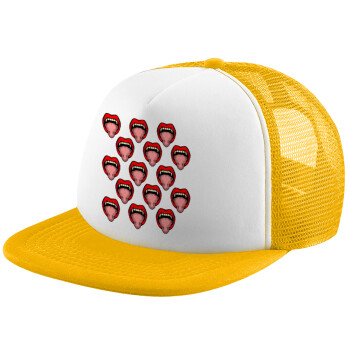 vampire lips, Adult Soft Trucker Hat with Yellow/White Mesh (POLYESTER, ADULT, UNISEX, ONE SIZE)